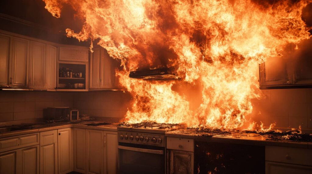 Kitchen engulfed in flames.