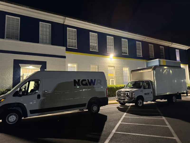 Two NGW utility trucks parked outside a building at night.