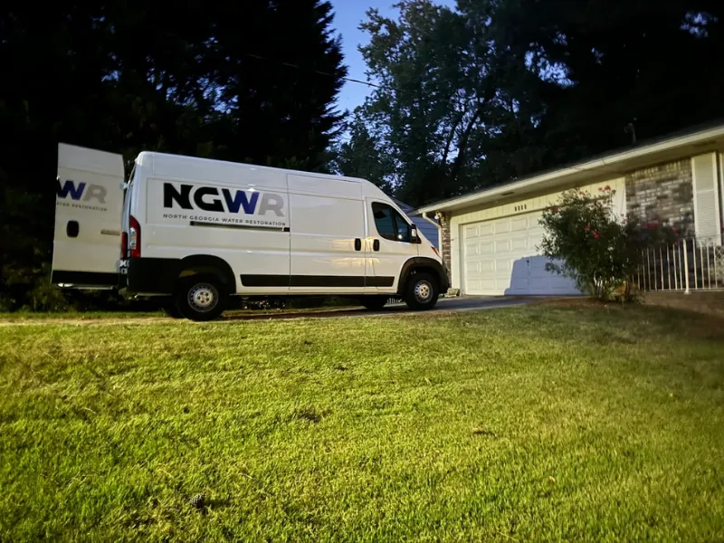 White restoration van parked in a suburban driveway at dusk.