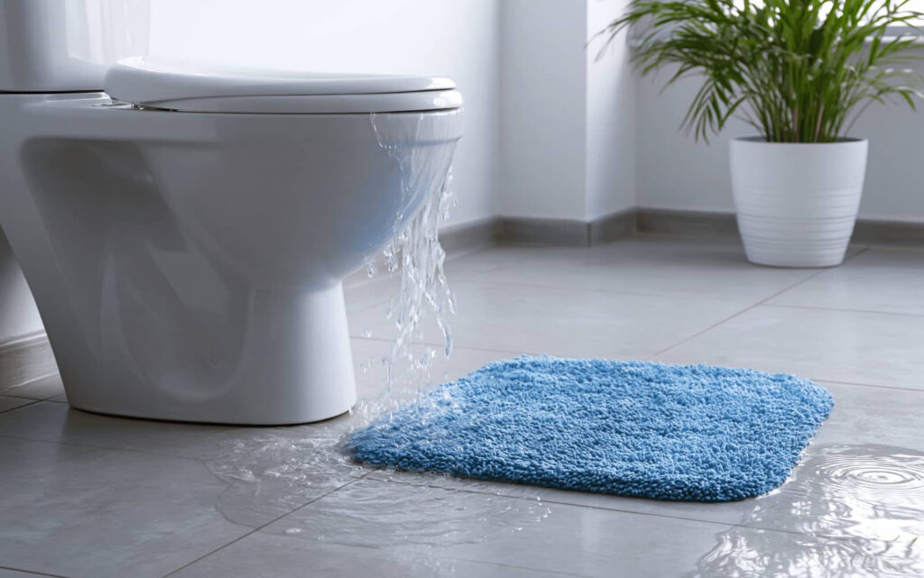 Water overflowing from a toilet onto a bathroom floor and blue rug.