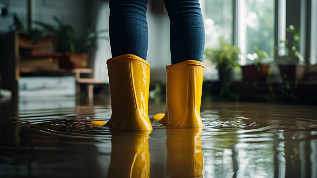 Yellow rain boots standing in indoor floodwater.