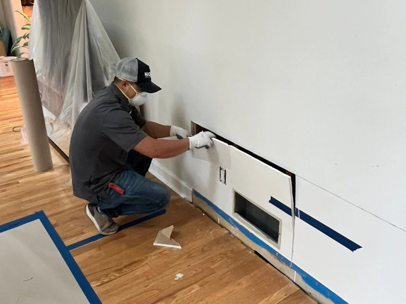 Worker installing wall panel in a room under renovation.