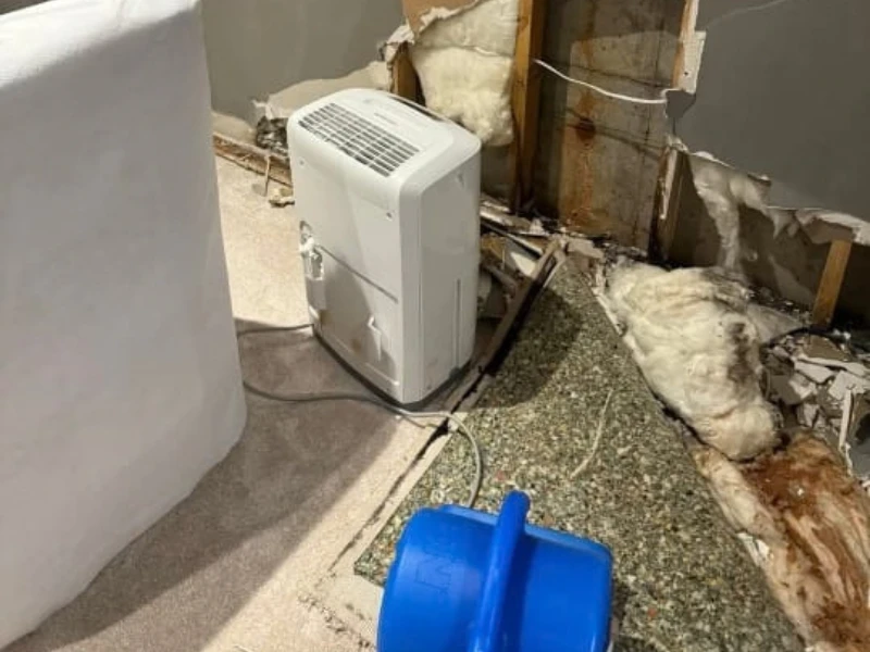 Portable dehumidifier in a damaged, partially stripped wall room.