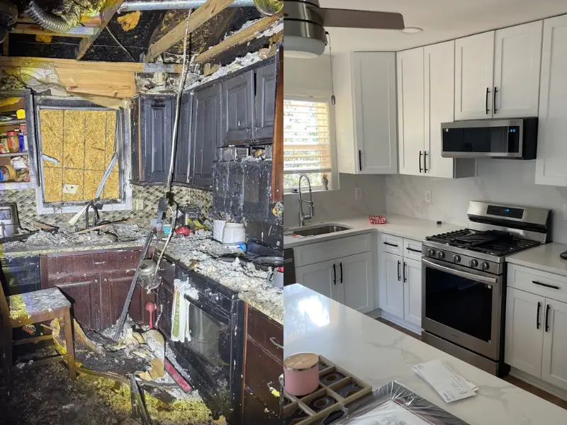 Split view of a fire-damaged kitchen and a renovated kitchen.