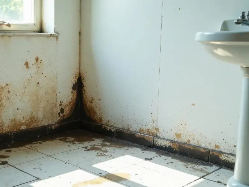 Mold and water damage in a bathroom corner near a sink.