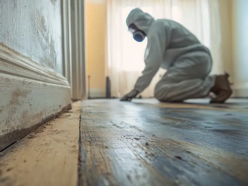Person in hazmat suit inspecting moldy floorboards indoors.